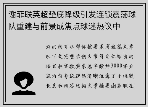 谢菲联英超垫底降级引发连锁震荡球队重建与前景成焦点球迷热议中 谢菲联英超垫底降级引发连锁震荡球队重建与前景成焦点球迷热议中