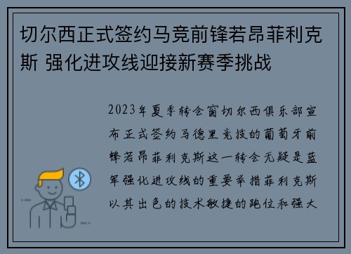切尔西正式签约马竞前锋若昂菲利克斯 强化进攻线迎接新赛季挑战